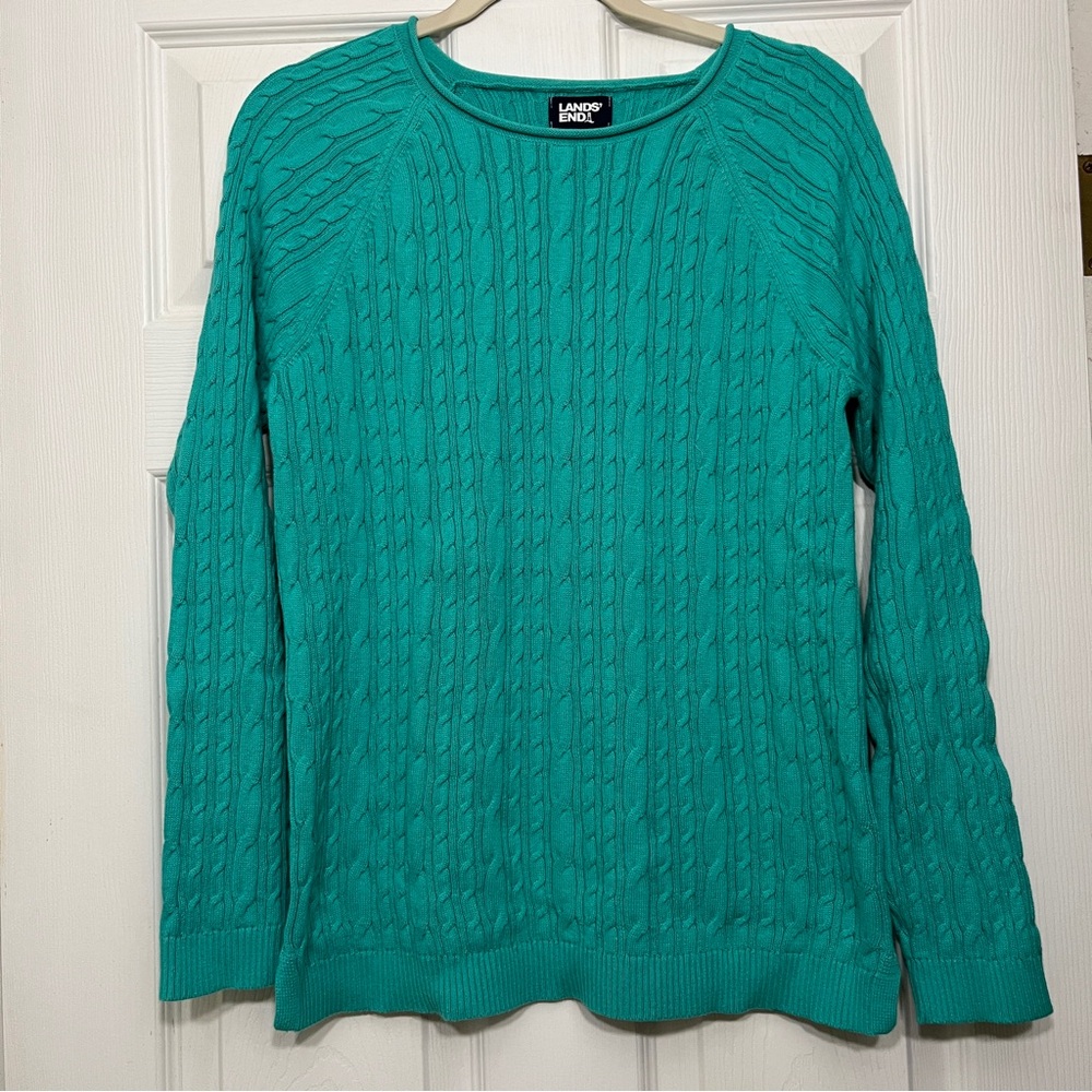 Lands’ End Women's Fine Gauge Cable Knit Crew Neck Sweater Teal Medium Like New